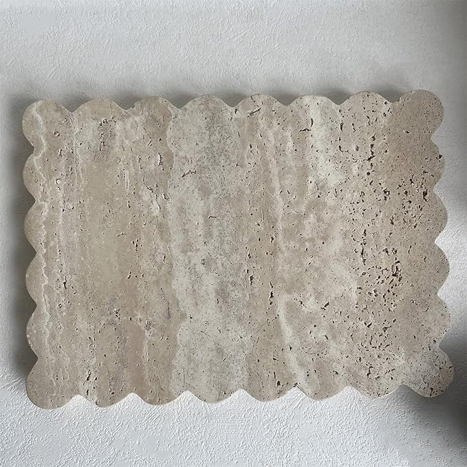 Natural Scalloped Marble Tray, 10.7"x7.87", Rectangle for Bathroom & Kitchen, Decorative for Dresser (Beige Travertine)