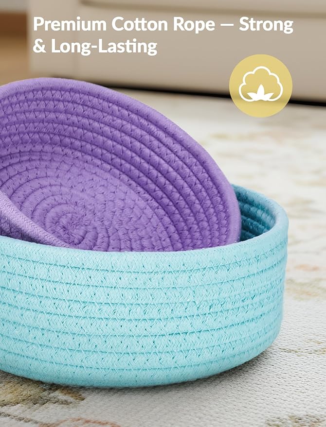 NiHome 5-Pack Round Cotton Rope Storage Baskets for Organizing, Cotton Rope Woven Bin Set in Assorted Sizes, Stackable Open Bins for Countertops, Shelves, Bedroom & Closet, Home Decor (Rainbow)