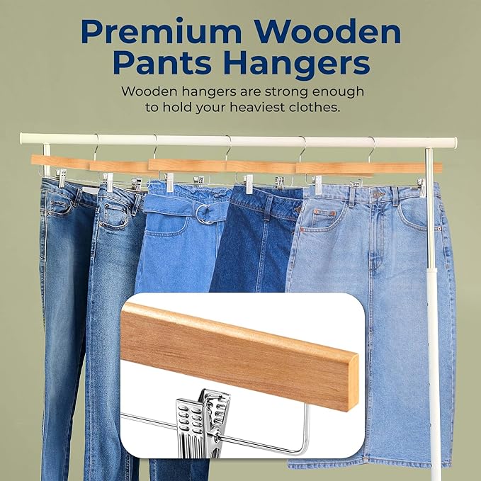 SereneLife 20 Pack Skirt and Pant Hanger with Adjustable Non-Slip Steel Clips, Premium Wooden, 360° Swivel Hook & 10 lb Capacity – Space-Saving Heavy-Duty Hangers for Jeans, Shorts & Slacks (Natural)