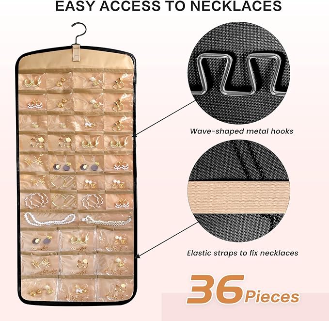 Hanging Jewelry Organizer Doubled-sided with Pockets & Hooks for Rings, Earrings, Necklaces, Hair Accessories Storage Roll, Closet Earring Holder Organizer for Wall, Door, Travel, 1 PCS, Black