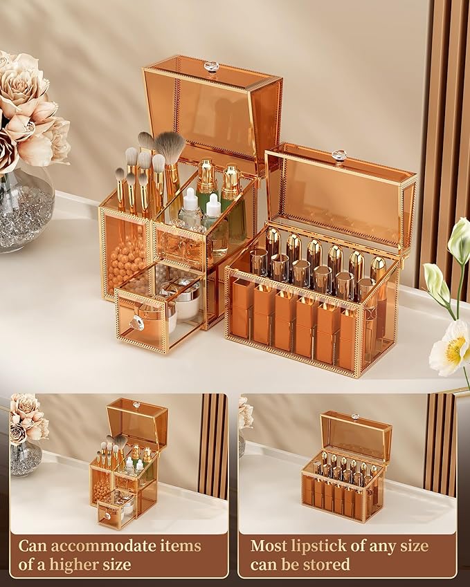 CoralHouse Makeup Organizer Countertop Set – Vanity Holder with 18-Slot Lipstick Organizer & Covered Makeup Brush Holder – Skincare, Perfume & Cosmetic Display for Bathroom or Dresser