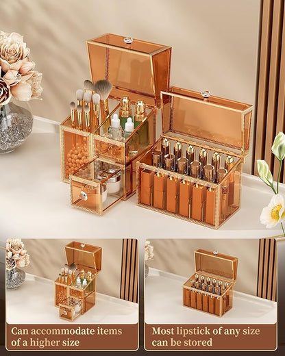 CoralHouse Makeup Organizer Countertop Set – Vanity Holder with 18-Slot Lipstick Organizer & Covered Makeup Brush Holder – Skincare, Perfume & Cosmetic Display for Bathroom or Dresser