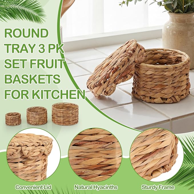 Newtay Set of 3 Scalloped Wicker Storage Baskets with Lid Round Rattan Woven Basket 11'' 8.7'' 6.3'' Natural Water Hyacinth Decorative Boxes for Organizing Nursery Home Closet Shelf Decors, 3 Sizes