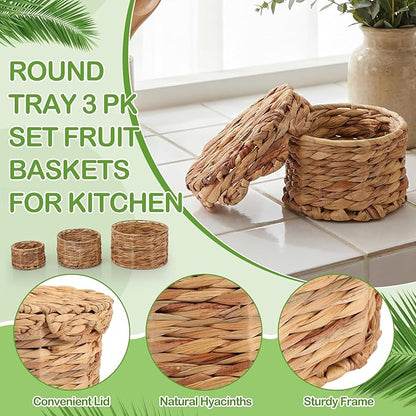 Newtay Set of 3 Scalloped Wicker Storage Baskets with Lid Round Rattan Woven Basket 11'' 8.7'' 6.3'' Natural Water Hyacinth Decorative Boxes for Organizing Nursery Home Closet Shelf Decors, 3 Sizes