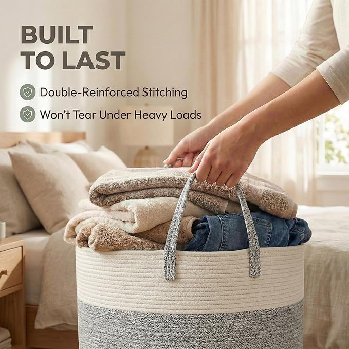 JMvicyroam 65L Extra Large Blanket Basket for Living Room - Woven Cotton Rope Laundry Hamper with Reinforced Handles - Storage Bin for Pillows, Comforters & Toys - Machine Washable,White&Grey