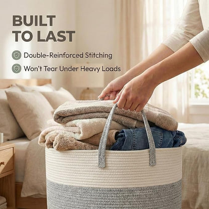 JMvicyroam 65L Extra Large Blanket Basket for Living Room - Woven Cotton Rope Laundry Hamper with Reinforced Handles - Storage Bin for Pillows, Comforters & Toys - Machine Washable,White&Grey