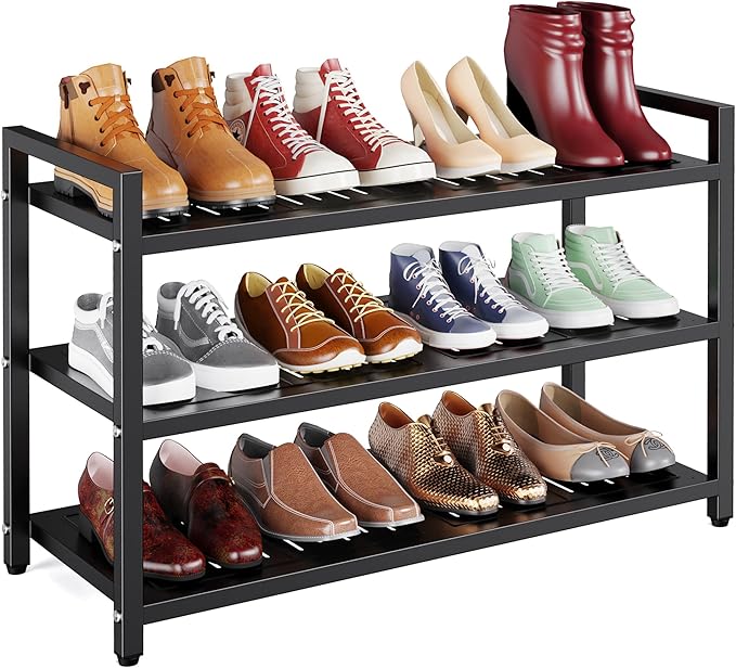 3-Tier Heavy Duty Metal Shoe Rack, 200 LBS Load Capacity, Sturdy Free Standing Shoe Storage Organizer, Holds 9-12 Pairs, 28.7" W x 9.8" D x 19.7" H Black for Entryway, Closet, Bedroom & Dorm