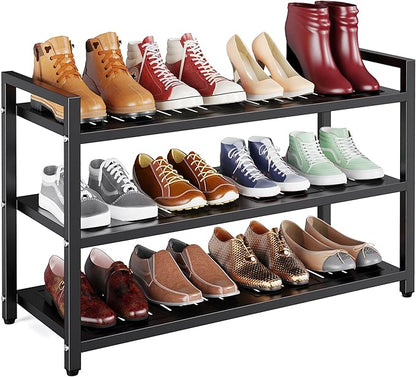 3-Tier Heavy Duty Metal Shoe Rack, 200 LBS Load Capacity, Sturdy Free Standing Shoe Storage Organizer, Holds 9-12 Pairs, 28.7" W x 9.8" D x 19.7" H Black for Entryway, Closet, Bedroom & Dorm