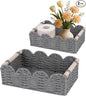 iEGrow Paper Rope Small Storage Baskets for Organizing, Set of 2 Scalloped Edge Wicker Basket with Wooden Handles Toilet Paper Basket for Over Toilet Storage Shelf, Home Decor, Living Room (Grey)