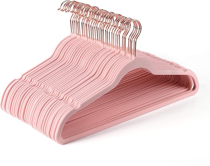 Premium Blush Pink Velvet Hangers (Pack of 50) Heavyduty - Non Slip - Copper/Rose Gold Hooks,Space Saving Clothes Hangers