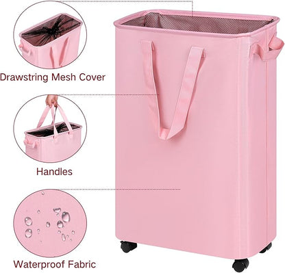 efluky Slim Laundry Hamper with Wheels, Rolling Laundry Basket for Clothes, Small Laundry Basket for Bedroom, Dorm and Laundry Room, 60L (12.7 Gallons) Pink
