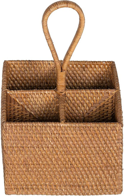 KOUBOO Laguna Rattan Bottle Caddy Storage Box for Kitchen with 4 Compartments, Home Organizer | Wicker Basket, Crate for Display, Bathroom, Farmhouse Decor, Vintage Style, Honey Brown