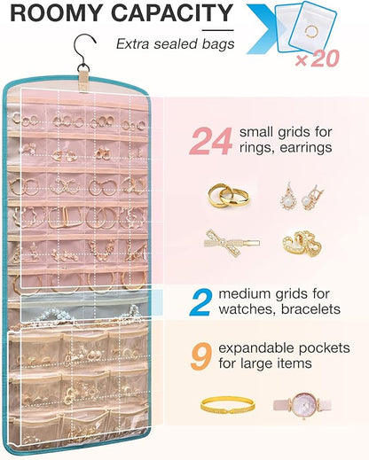 BAGSMART Hanging Jewelry Organizer, Necklace Holder Anti-tangle Earrings Rings Hanger with 20 Jewelry Bags Travel Storage Roll with Pockets Hang on Closet, Wall, Door,1 Piece, Large, Teal