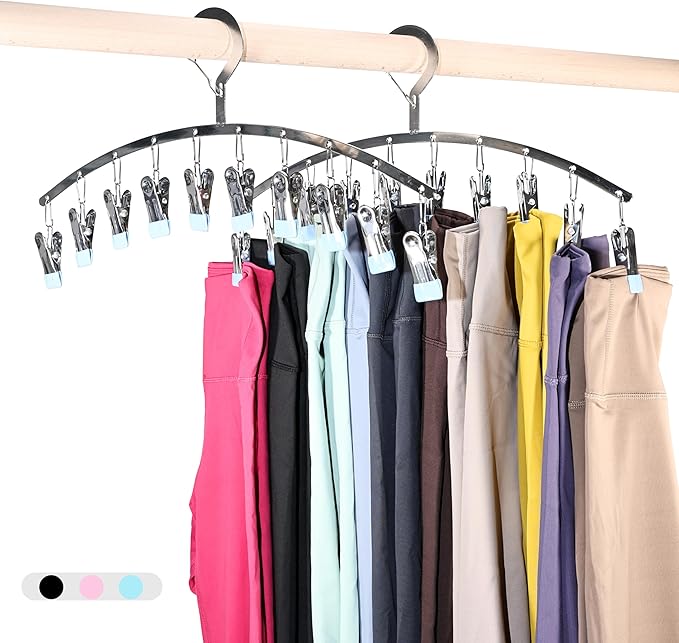 Legging Organizer for Closet,2 Pack Drying Rack with 20 Clips,Metal Yoga Pants Hangers,Windproof Clothes Hangers for Socks,Bras,Baby Clothes,Underwear-Space Saving,Indoor Outdoor Use (Blue)