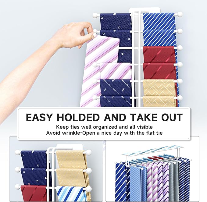 Tie Rack Wall Mounted, Tie Organizer for Men, Tie Rack Hanger for Closet Metal, Adhesive Tie Holder Organizer with 20 Hooks, Tie Storage for Wall Bedroom Living Room Dresser Room (White)