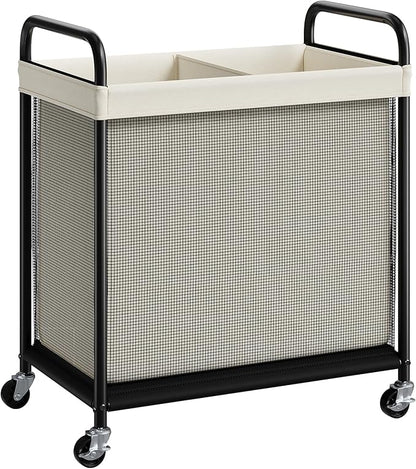 ELYKEN Laundry Hamper 2 Section, 100L Rolling Laundry Sorter with Removable Liner Bag, Laundry Basket with Wheels, Steel Frame with Metal Handle, Clothes Hamper Cart for Laundry Room & Bedroom