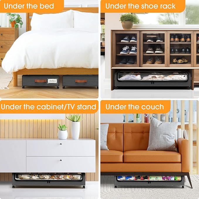 SpaceHacks Under Bed Storage with Wheels 1Pack Storage Containers with Clear Window&Label Under Bed Drawers Rolling Under Bed Storage for Clothes,Shoes, Blankets (30.71 x 16.93 x 6.69 in, Dark Grey)