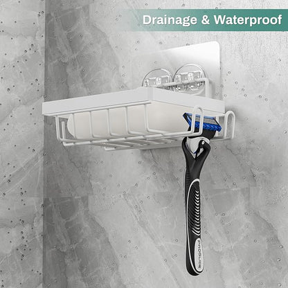 White Soap Dish for Shower Wall, Adhesive Self Draining Shower Bar Soap Holder Container Caddy Saver with 2 Hooks for Razor Loofah, Shampoo Sponge Tray Case Box for Bathroom Kitchen Sink