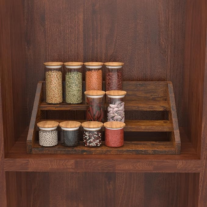 Spice Rack Organizer for Cabinet, Robust Wooden Display Riser Shelf Seasoning Organizer for Countertop Cupboard Pantry, Condiment Jar Kitchen Storage Holder Super Sturdy Stand, Rusitc Brown (3-Tier)