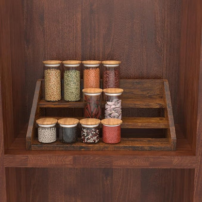 Spice Rack Organizer for Cabinet, Robust Wooden Display Riser Shelf Seasoning Organizer for Countertop Cupboard Pantry, Condiment Jar Kitchen Storage Holder Super Sturdy Stand, Rusitc Brown (3-Tier)