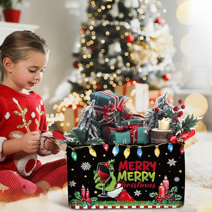 Geelin 3 Pcs Green Christmas Baskets Storage Black Green Merry Christmas Basket for Gifts Collapsible Waterproof Canvas Xmas Storage Bin Organizer with Handles for Book Closet Shelf Nursery Decor