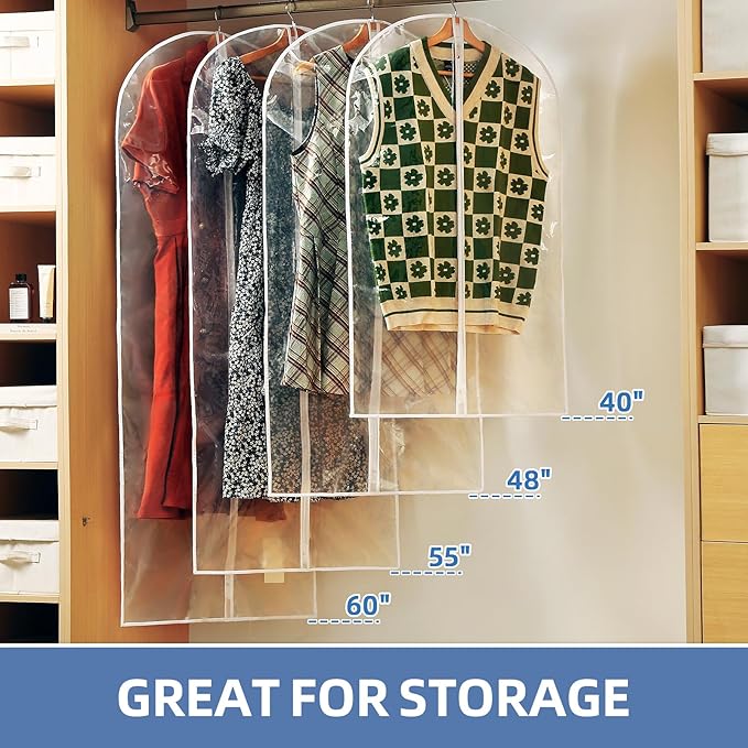 60" Dress Bags for Gowns, 12 Packs All Clear Garment Bags for Hanging Clothes, Plastic Waterproof Dress Cover with Zipper for Dresses, Coats, Uniforms (Set of 12)