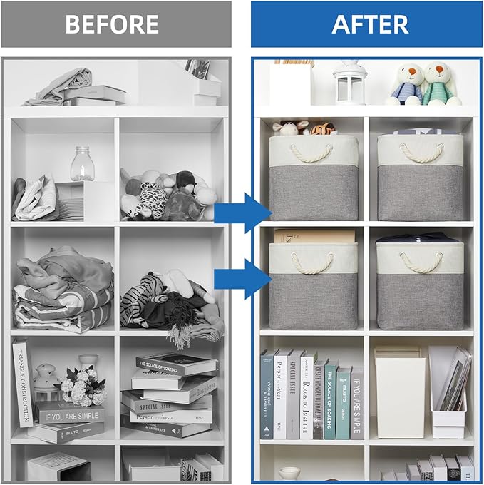 Temary Fabric Storage Baskets for Organizing, Grey Basket for Shelves, Collapsible Baskets with Handles for Shelves, Home, Closet (White&Gray)