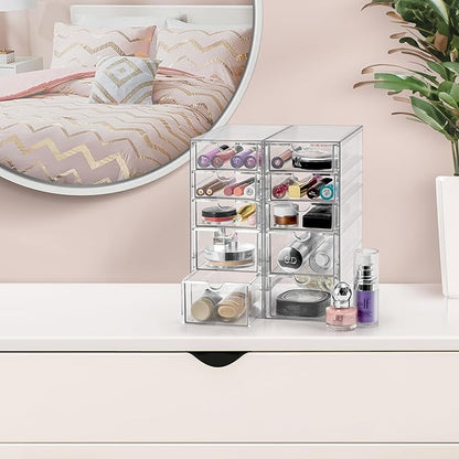Sorbus Makeup Organizer With 10 Drawers, Acrylic Drawer Organizer for Makeup, Office Organization and Storage, Art Supplies, Jewelry, Stationary - 2 Pcs Clear Stackable Storage Bins Organizer Drawers