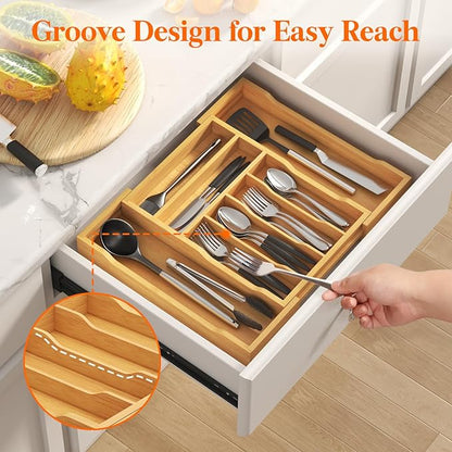 Lifewit Silverware Drawer Organizer, Expandable Utensil Tray for Kitchen, Flatware and Cutlery Holder, Wood Adjustable Storage for Spoons Forks Knives, 28-47 x 38cm, Natural