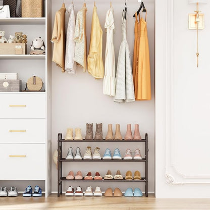 VILICK 3 Tier Shoe Rack 33" Wide Metal Shoe Organizer Long Shoe Storage with 4 Side Hooks Sturdy Shoes Shelf for Front Door Entrance, Closet, Garage, Dorm, Brown