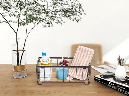 TIEYIPIN Metal Wire Storage Basket, Toilet Paper Roll Holder Wood Base Countertop Decor Box Toilet Tank Shelf Cabinet Organizer for Bathroom Pantry Garage Bedroom Livingroom (Black (2 Pack))
