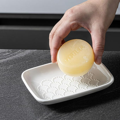Gomakren Ceramic Soap Dish with Raised Scalloped Design, Versatile Soap Holder & Tray for Bathroom and Kitchen Sink, Prevents Soggy Soap, Modern Decor, Easy to Clean, White (5.59" x 4.02")