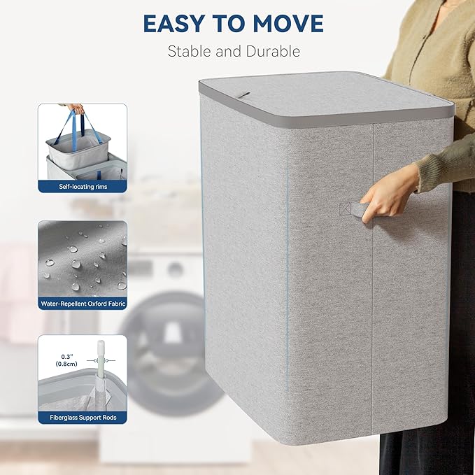 Dual Section 90 liter/23.8 gallon Laundry Hamper Separation Basket with lid, 2 Removable Washing Bags with Handles,Large Laundry Sorter for Easy Clothes Separation - Gray