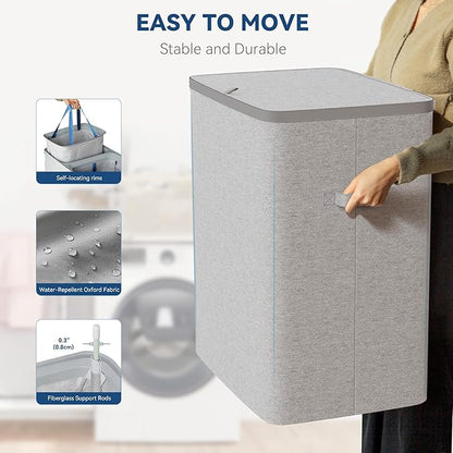 Dual Section 90 liter/23.8 gallon Laundry Hamper Separation Basket with lid, 2 Removable Washing Bags with Handles,Large Laundry Sorter for Easy Clothes Separation - Gray