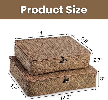 Elsjoy 2 Pack Flat Wicker Woven Storage Bins with Lid and Wood Toggle, Natural Handmade Seagrass Basket Set, Rattan Organizer Bins for Shelf, Closet, Bedroom
