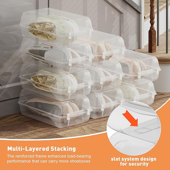 Shoe Organizer for Closet, 4 Pack Plastic Shoe Storage Boxes, Space Saving Stackable Shoe Storage Bins, Sneaker Storage Containers with Clear Lids for Display, White