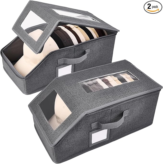 2 Pack Hat Storage for Baseball Caps, Hat Box with Clear View Window, Hat Organizer for Baseball Caps Holds 30 Caps with Cardboard for Men & Women, Ball Cap Organizer for Closet & Shelf (Dark Gray)
