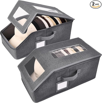 2 Pack Hat Storage for Baseball Caps, Hat Box with Clear View Window, Hat Organizer for Baseball Caps Holds 30 Caps with Cardboard for Men & Women, Ball Cap Organizer for Closet & Shelf (Dark Gray)