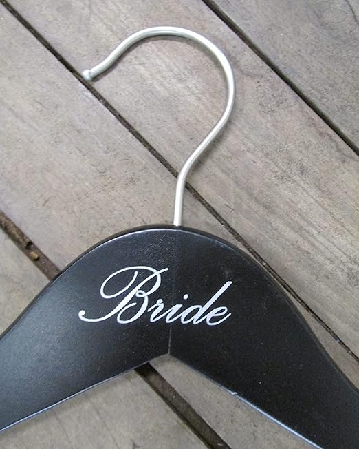 NAHANCO 17" Wooden Hangers, Bride and Groom Set, Black with Silver Imprint (2 Piece Set)