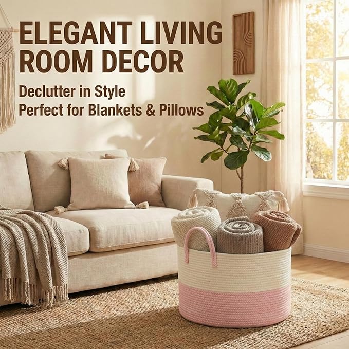 JMvicyroam 115L Extra Large Blanket Basket for Living Room - Woven Cotton Rope Laundry Hamper with Reinforced Handles - Storage Bin for Pillows, Comforters & Toys - Machine Washable,White&Pink