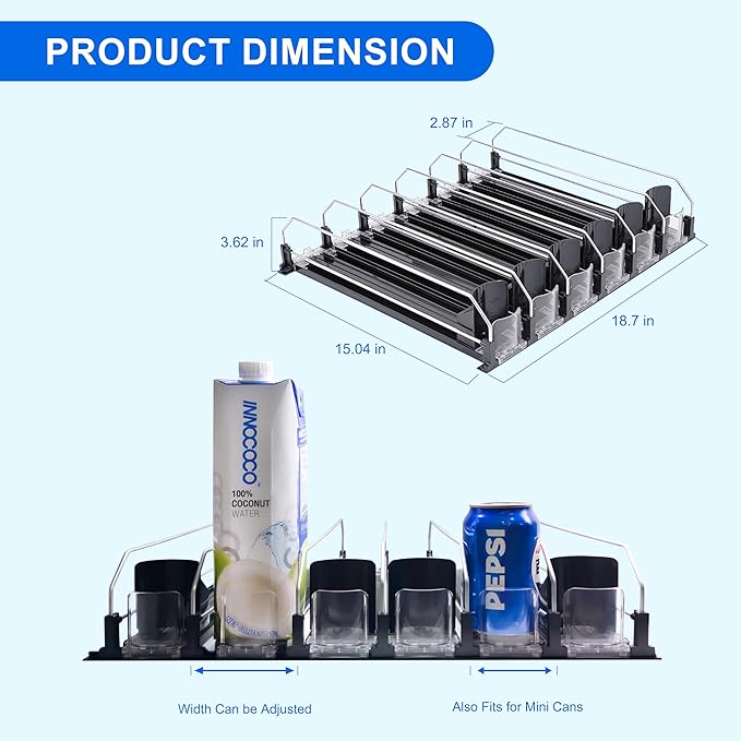 Drink Organizer for Fridge, Automatic Pusher Glide Soda Can Dispenser for Refrigerator, Width Adjustable Fridge Can Organizer for Fridge, Pantry, Kitchen, Vending Machine- Black, 6 Rows, 15.1"D