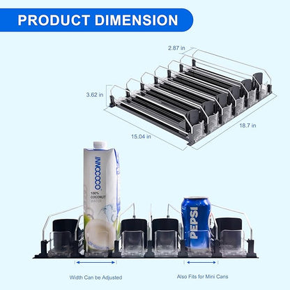 Drink Organizer for Fridge, Automatic Pusher Glide Soda Can Dispenser for Refrigerator, Width Adjustable Fridge Can Organizer for Fridge, Pantry, Kitchen, Vending Machine- Black, 6 Rows, 15.1"D