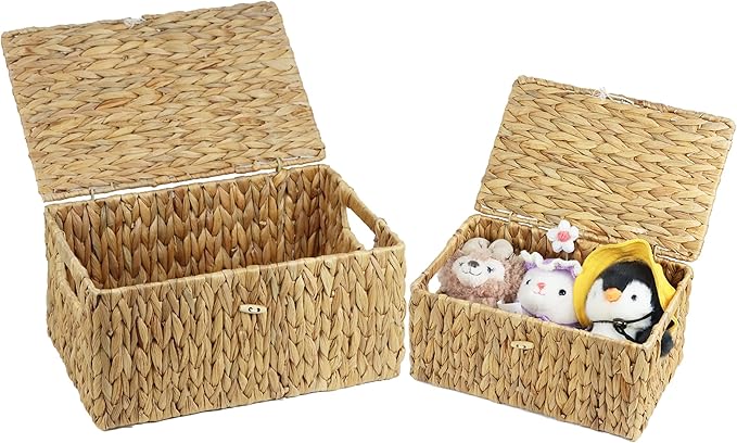 ORDELITE Set of 2 Wicker Basket with Lid, Rectangular Water Hyacinth Storage Baskets for Organizing, Decorative Woven Basket Bins Boxes for Organizing Home