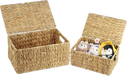 ORDELITE Set of 2 Wicker Basket with Lid, Rectangular Water Hyacinth Storage Baskets for Organizing, Decorative Woven Basket Bins Boxes for Organizing Home