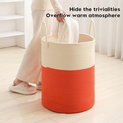 Woven Laundry Hamper Tall Rope Storage Basket for Blanket oys Dirty Clothes in Living Room Bathroom Bedroom (White&Orange, 60L/15.8Gal)