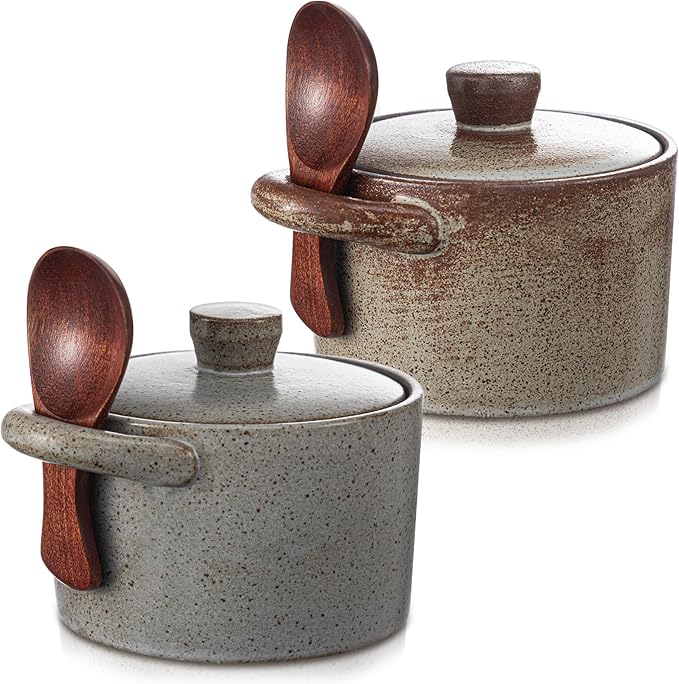 Honeydak Speckled Ceramic Salt Cellar with Lid and Wooden Spoon, Rustic Farmhouse Salt Pepper Cellar Holder for Mothers Day, Housewarming Gift, Heavyweight Spices Jar(Light Gray Retro Color,2 Set)
