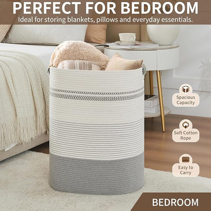AINUOQI Laundry Basket with Handles - Blanket Basket & Hampers for Bedroom Aesthetic, Laundry Hamper & Blanket Storage for Living Room, Clothes Hamper, Tall, Large 17" x 14" x 22”, Grey