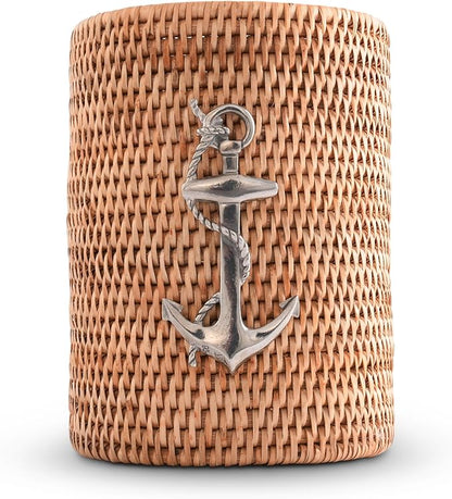 Vagabond House Utensil Holder - Large, Durable, Eco-Friendly Wicker Rattan Crock with Pewter Anchor - Versatile Kitchen Organizer, Perfect for Coastal Kitchen, Beach Themed Office - Boho Decor 8 Inch