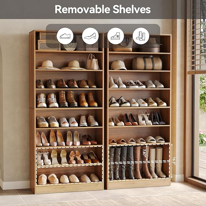 LITTLE TREE 9-Tier Shoe Cabinet, 32 Pairs Wooden Shoes Cabinet with Adjustable Shelves for Entryway, 70.9" Tall Shoe Cabinet, Freestanding Modern Shoe Rack Organizer for Living Room Bedroom, Brown