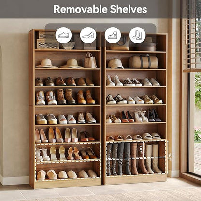LITTLE TREE 9-Tier Shoe Cabinet, 32 Pairs Wooden Shoes Cabinet with Adjustable Shelves for Entryway, 70.9" Tall Shoe Cabinet, Freestanding Modern Shoe Rack Organizer for Living Room Bedroom, Brown